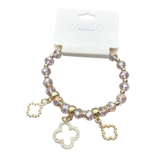 5/$25 Blossom Rainbow Pink Iridescent & Gold Beaded Bracelet With Charms